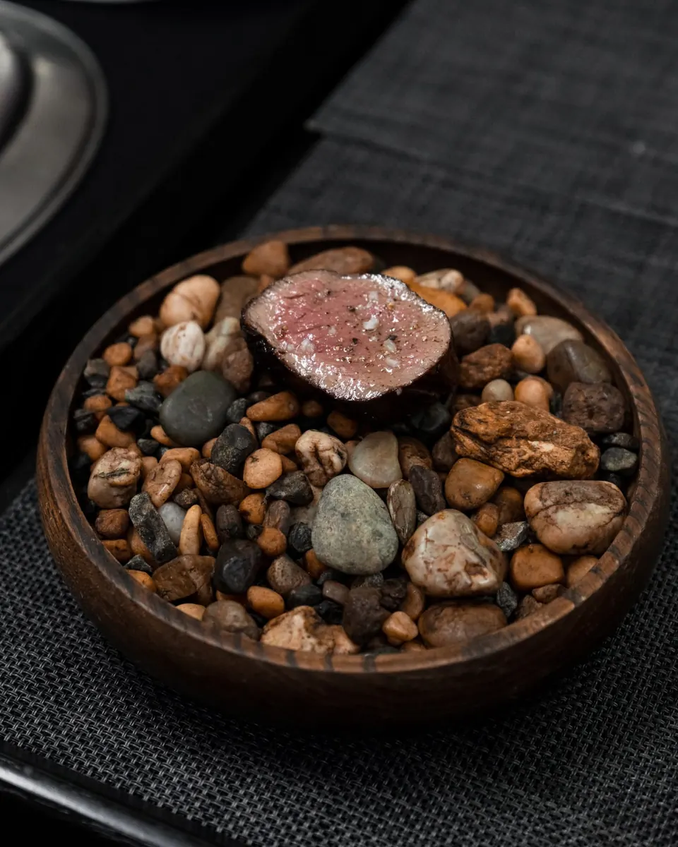 Una pieza de carne servida sobre piedras de río